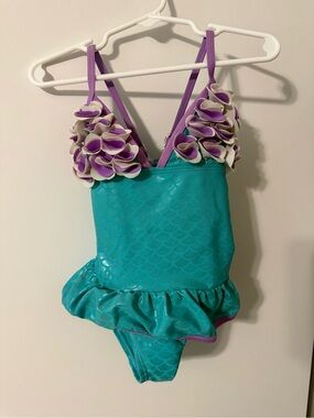 Floatimini Teal Mermaid One-Piece Swimsuit with Ruffles and Cross Back Straps